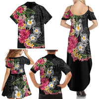Hawaiian Tropical Flowers and Tribal Turtles Family Matching Summer Maxi Dress and Hawaiian Shirt Polynesian Art Motifs Black Color - Polynesian Pride