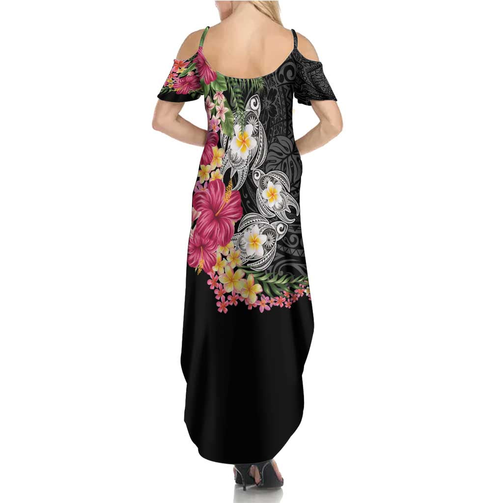 Hawaiian Tropical Flowers and Tribal Turtles Family Matching Summer Maxi Dress and Hawaiian Shirt Polynesian Art Motifs Black Color - Polynesian Pride