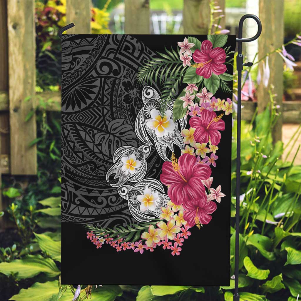 Hawaiian Tropical Flowers and Tribal Turtles Garden Flag Polynesian Art Motifs Black Color - Polynesian Pride
