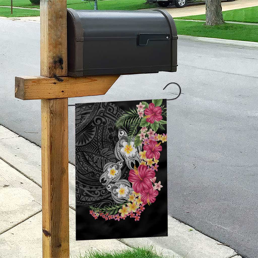 Hawaiian Tropical Flowers and Tribal Turtles Garden Flag Polynesian Art Motifs Black Color - Polynesian Pride