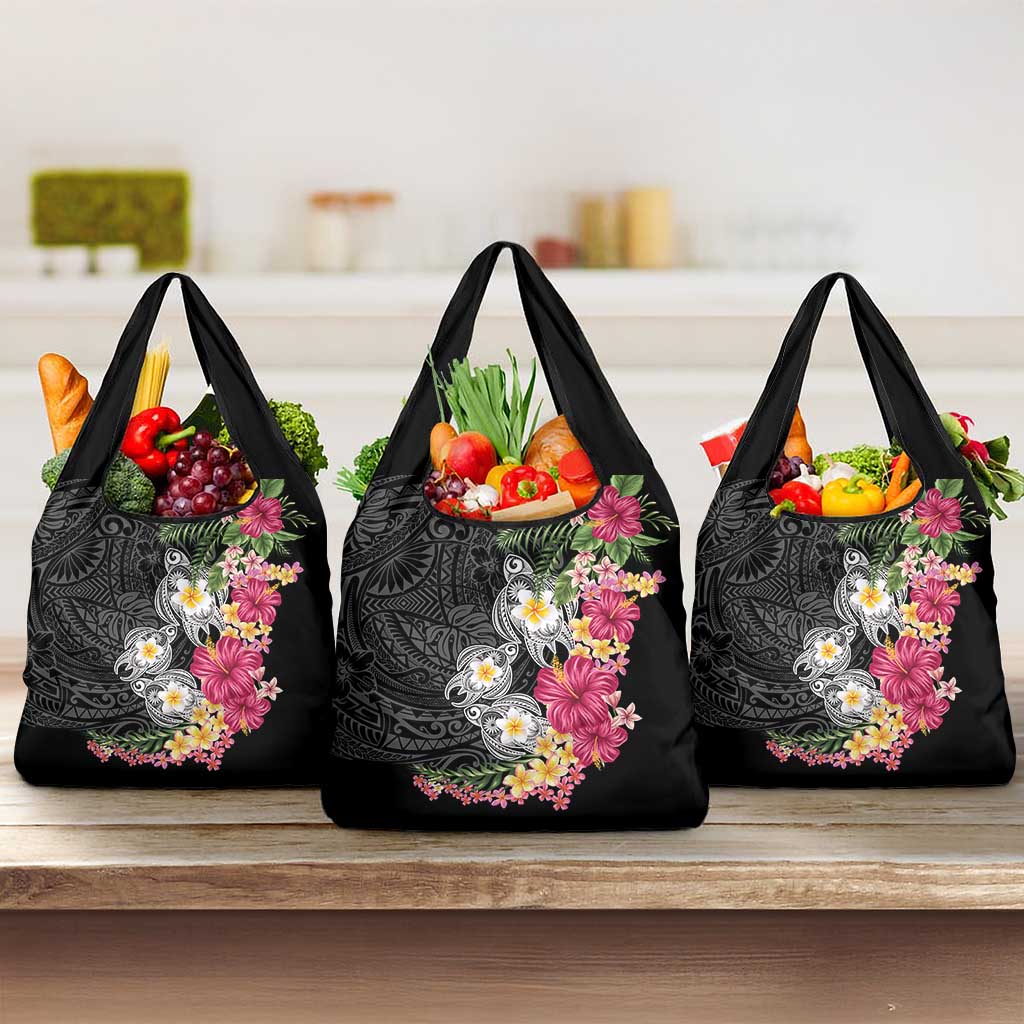Hawaiian Tropical Flowers and Tribal Turtles Grocery Bag Polynesian Art Motifs Black Color - Polynesian Pride