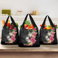 Hawaiian Tropical Flowers and Tribal Turtles Grocery Bag Polynesian Art Motifs Black Color - Polynesian Pride