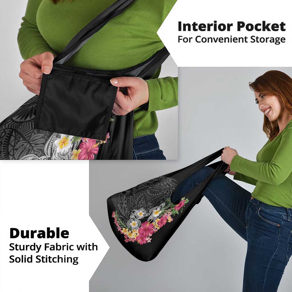 Hawaiian Tropical Flowers and Tribal Turtles Grocery Bag Polynesian Art Motifs Black Color - Polynesian Pride