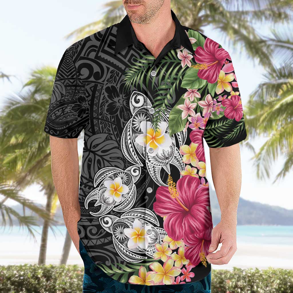 Hawaiian Tropical Flowers and Tribal Turtles Hawaiian Shirt Polynesian Art Motifs Black Color - Polynesian Pride