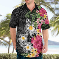 Hawaiian Tropical Flowers and Tribal Turtles Hawaiian Shirt Polynesian Art Motifs Black Color - Polynesian Pride