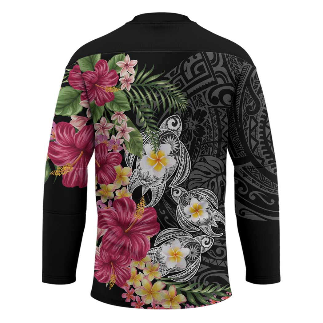 Hawaiian Tropical Flowers and Tribal Turtles Hockey Jersey Polynesian Art Motifs Black Color - Polynesian Pride