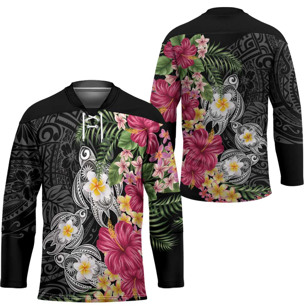 Hawaiian Tropical Flowers and Tribal Turtles Hockey Jersey Polynesian Art Motifs Black Color - Polynesian Pride