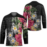 Hawaiian Tropical Flowers and Tribal Turtles Hockey Jersey Polynesian Art Motifs Black Color - Polynesian Pride