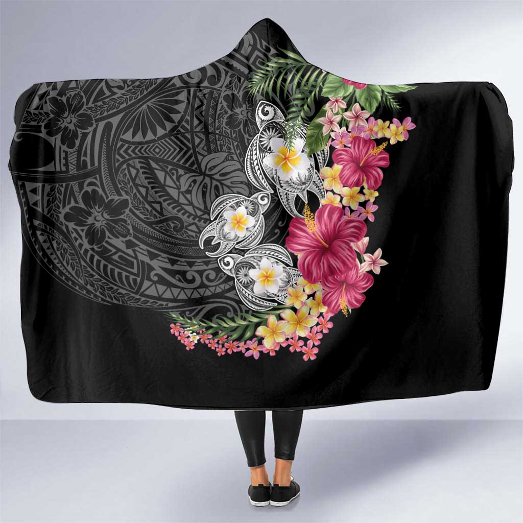 Hawaiian Tropical Flowers and Tribal Turtles Hooded Blanket Polynesian Art Motifs Black Color - Polynesian Pride
