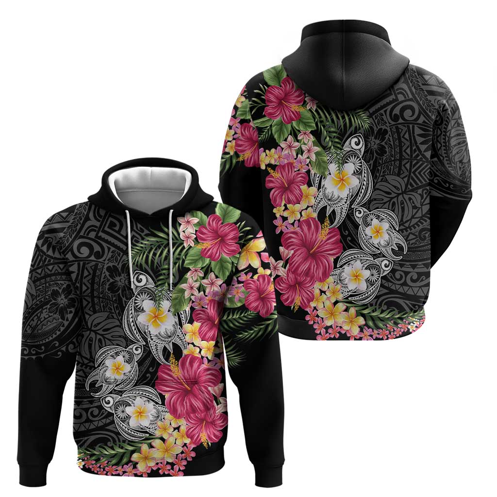 Hawaiian Tropical Flowers and Tribal Turtles Hoodie Polynesian Art Motifs Black Color - Polynesian Pride