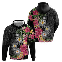 Hawaiian Tropical Flowers and Tribal Turtles Hoodie Polynesian Art Motifs Black Color - Polynesian Pride