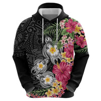 Hawaiian Tropical Flowers and Tribal Turtles Hoodie Polynesian Art Motifs Black Color - Polynesian Pride