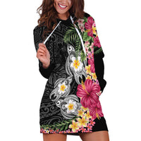 Hawaiian Tropical Flowers and Tribal Turtles Hoodie Dress Polynesian Art Motifs Black Color - Polynesian Pride