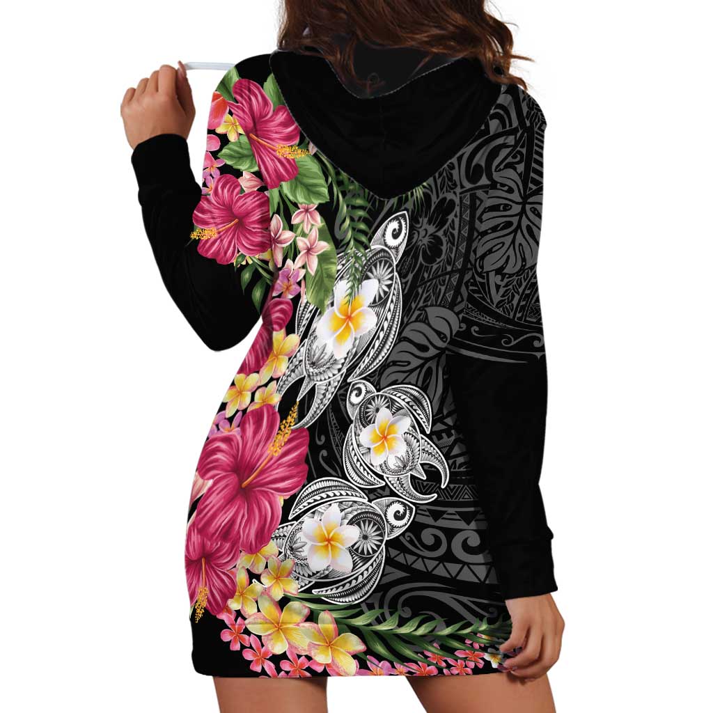 Hawaiian Tropical Flowers and Tribal Turtles Hoodie Dress Polynesian Art Motifs Black Color - Polynesian Pride