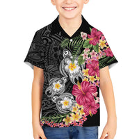 Hawaiian Tropical Flowers and Tribal Turtles Kid Hawaiian Shirt Polynesian Art Motifs Black Color - Polynesian Pride