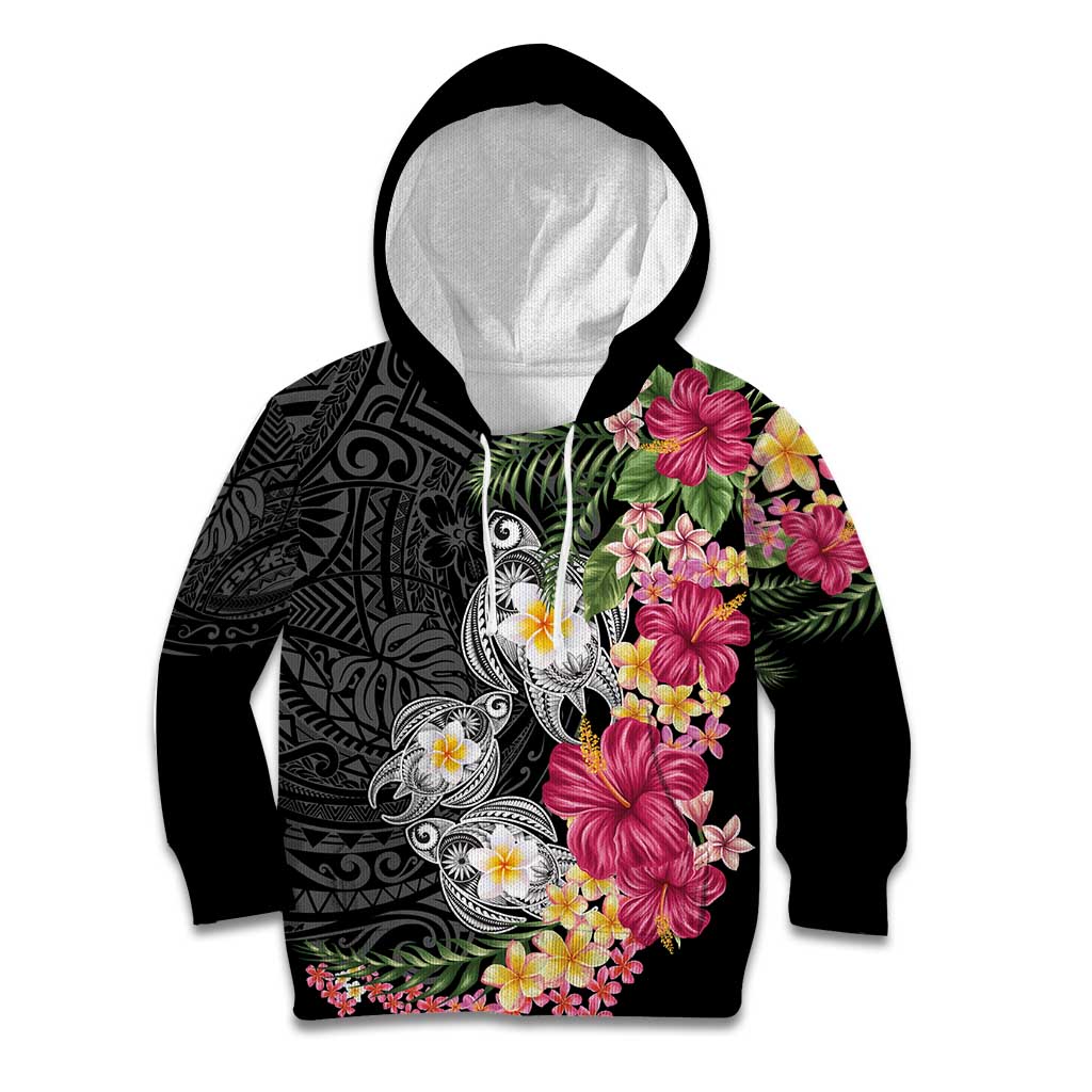 Hawaiian Tropical Flowers and Tribal Turtles Kid Hoodie Polynesian Art Motifs Black Color - Polynesian Pride