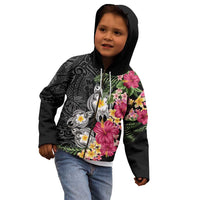 Hawaiian Tropical Flowers and Tribal Turtles Kid Hoodie Polynesian Art Motifs Black Color - Polynesian Pride