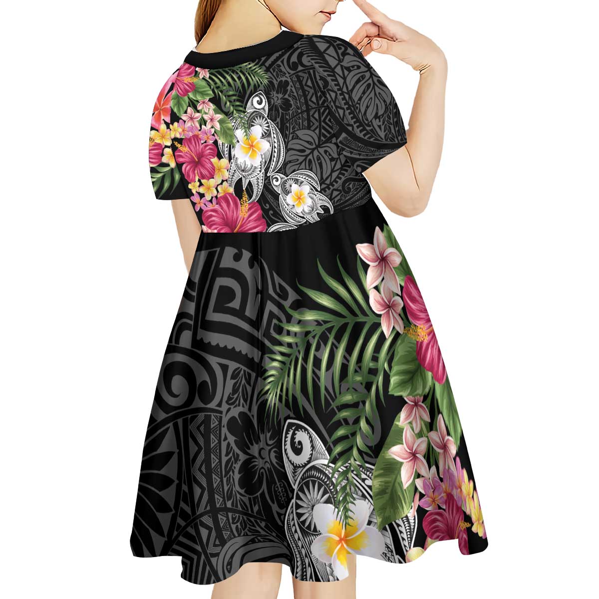Hawaiian Tropical Flowers and Tribal Turtles Kid Short Sleeve Dress Polynesian Art Motifs Black Color - Polynesian Pride