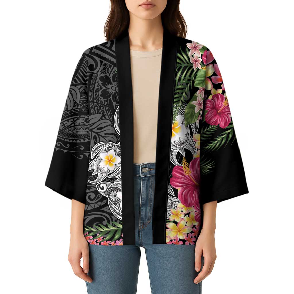 Hawaiian Tropical Flowers and Tribal Turtles Kimono Polynesian Art Motifs Black Color - Polynesian Pride