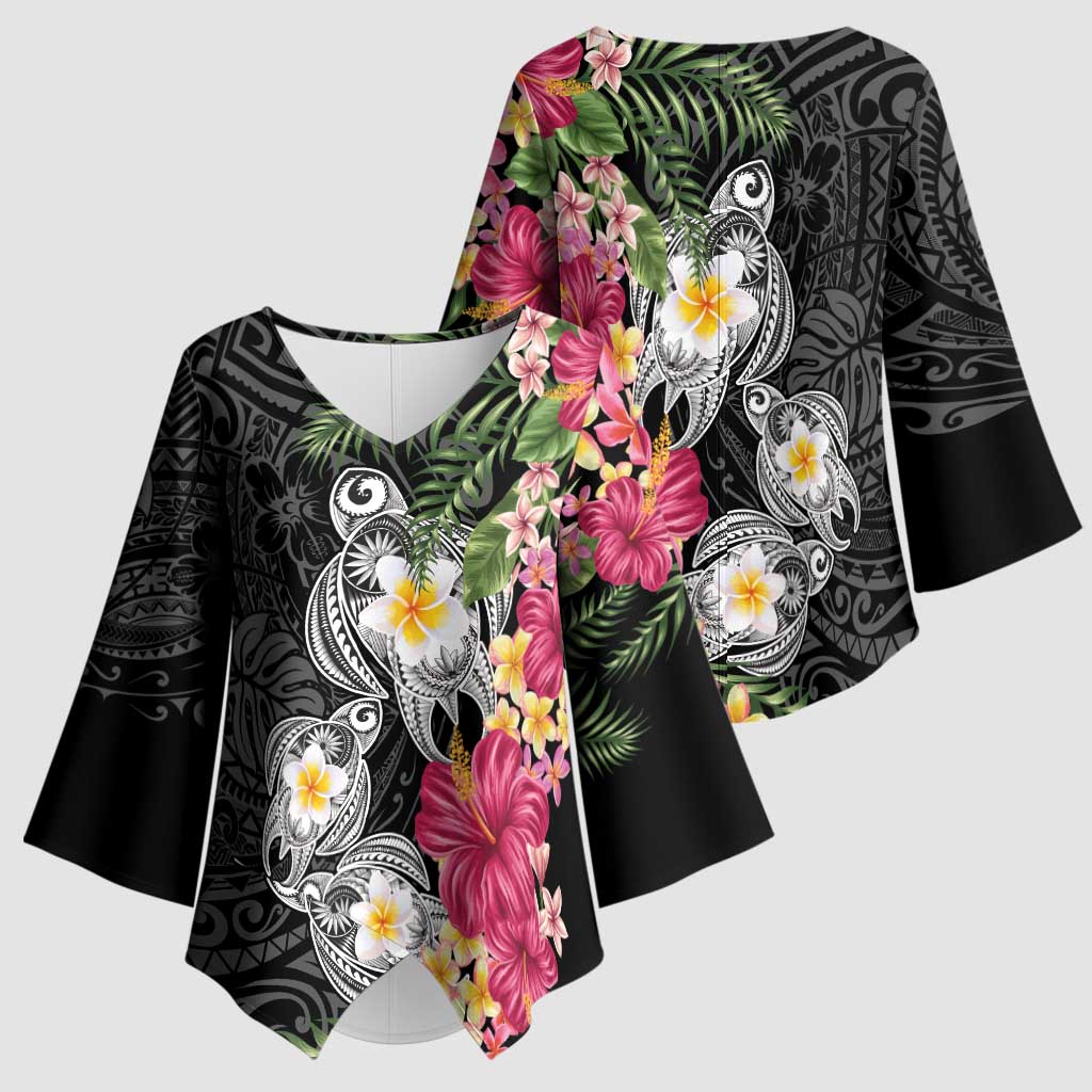 Hawaiian Tropical Flowers and Tribal Turtles Kimono Sleeve Blouse Polynesian Art Motifs Black Color - Polynesian Pride
