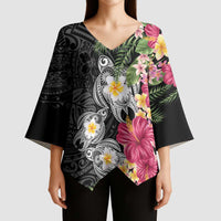 Hawaiian Tropical Flowers and Tribal Turtles Kimono Sleeve Blouse Polynesian Art Motifs Black Color - Polynesian Pride