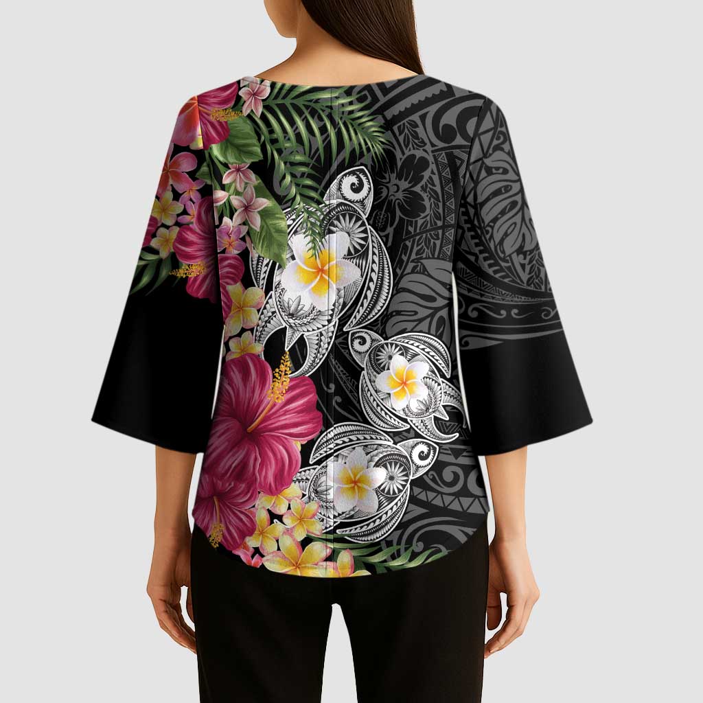Hawaiian Tropical Flowers and Tribal Turtles Kimono Sleeve Blouse Polynesian Art Motifs Black Color - Polynesian Pride