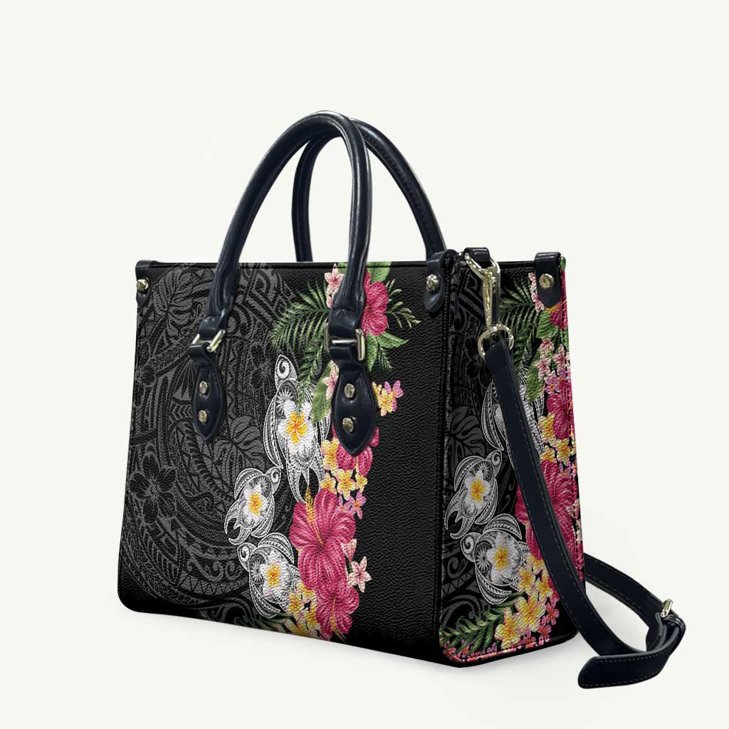 Hawaiian Tropical Flowers and Tribal Turtles Leather Bag Polynesian Art Motifs Black Color - Polynesian Pride