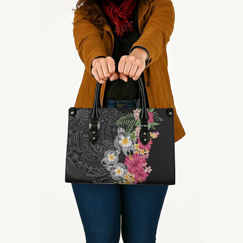 Hawaiian Tropical Flowers and Tribal Turtles Leather Bag Polynesian Art Motifs Black Color - Polynesian Pride