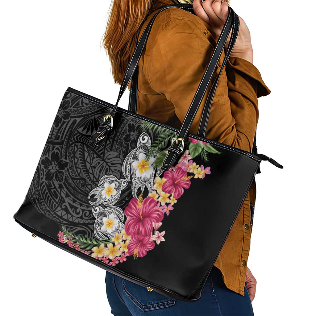 Hawaiian Tropical Flowers and Tribal Turtles Leather Tote Bag Polynesian Art Motifs Black Color - Polynesian Pride