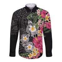 Hawaiian Tropical Flowers and Tribal Turtles Long Sleeve Button Shirt Polynesian Art Motifs Black Color - Polynesian Pride