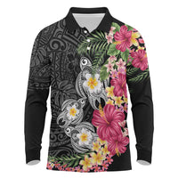 Hawaiian Tropical Flowers and Tribal Turtles Long Sleeve Polo Shirt Polynesian Art Motifs Black Color - Polynesian Pride