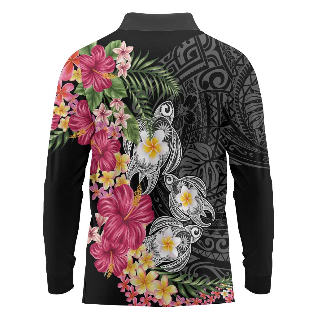 Hawaiian Tropical Flowers and Tribal Turtles Long Sleeve Polo Shirt Polynesian Art Motifs Black Color - Polynesian Pride