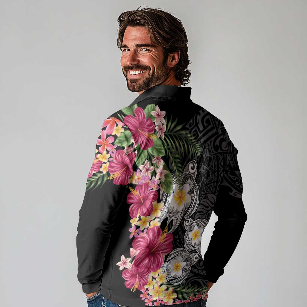 Hawaiian Tropical Flowers and Tribal Turtles Long Sleeve Polo Shirt Polynesian Art Motifs Black Color - Polynesian Pride