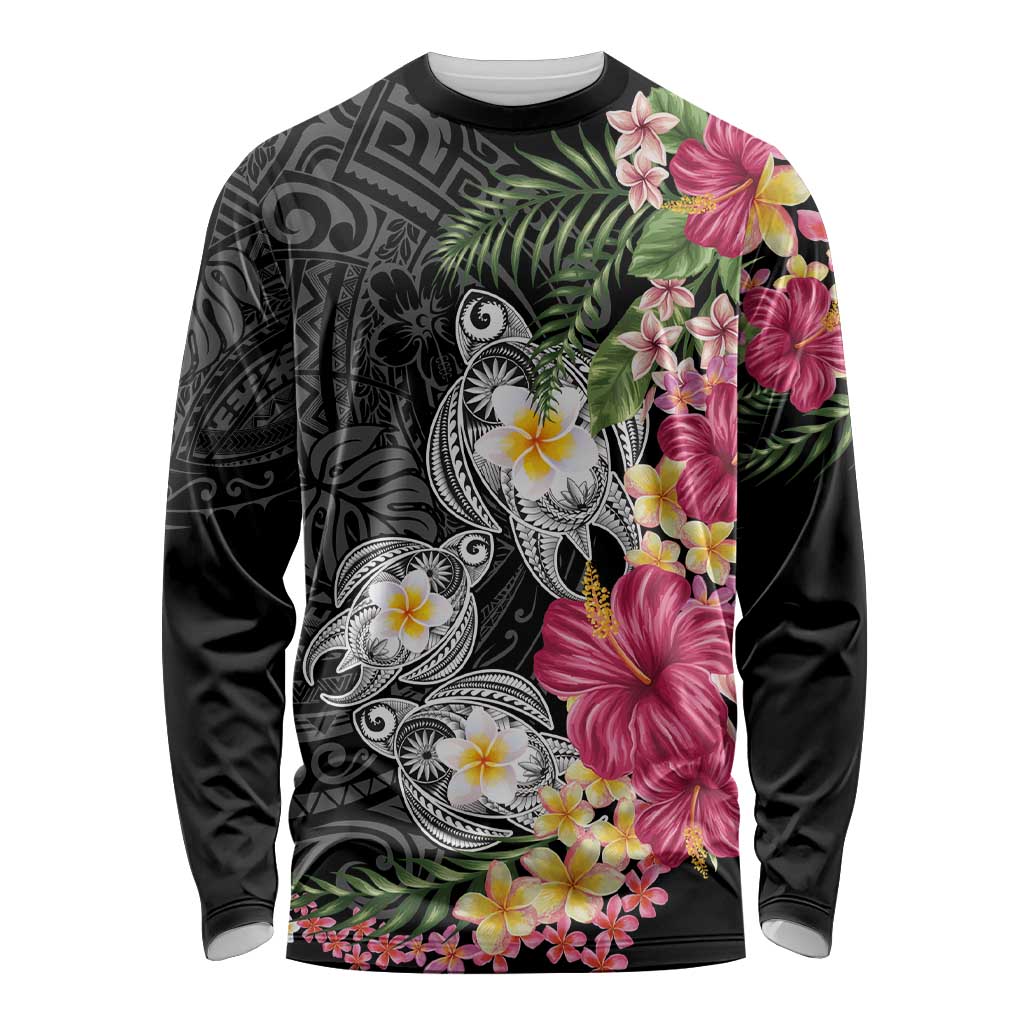 Hawaiian Tropical Flowers and Tribal Turtles Long Sleeve Shirt Polynesian Art Motifs Black Color - Polynesian Pride