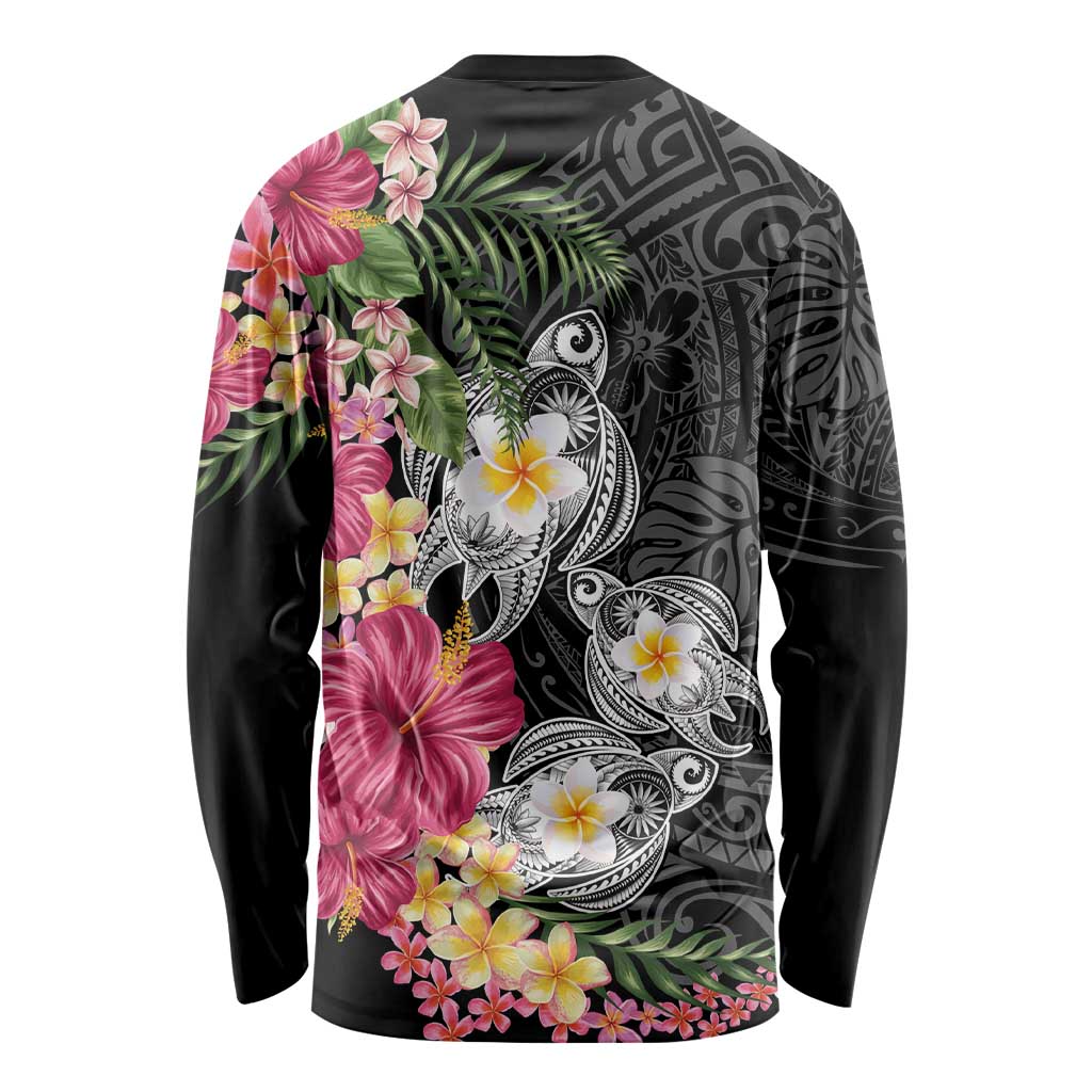 Hawaiian Tropical Flowers and Tribal Turtles Long Sleeve Shirt Polynesian Art Motifs Black Color - Polynesian Pride