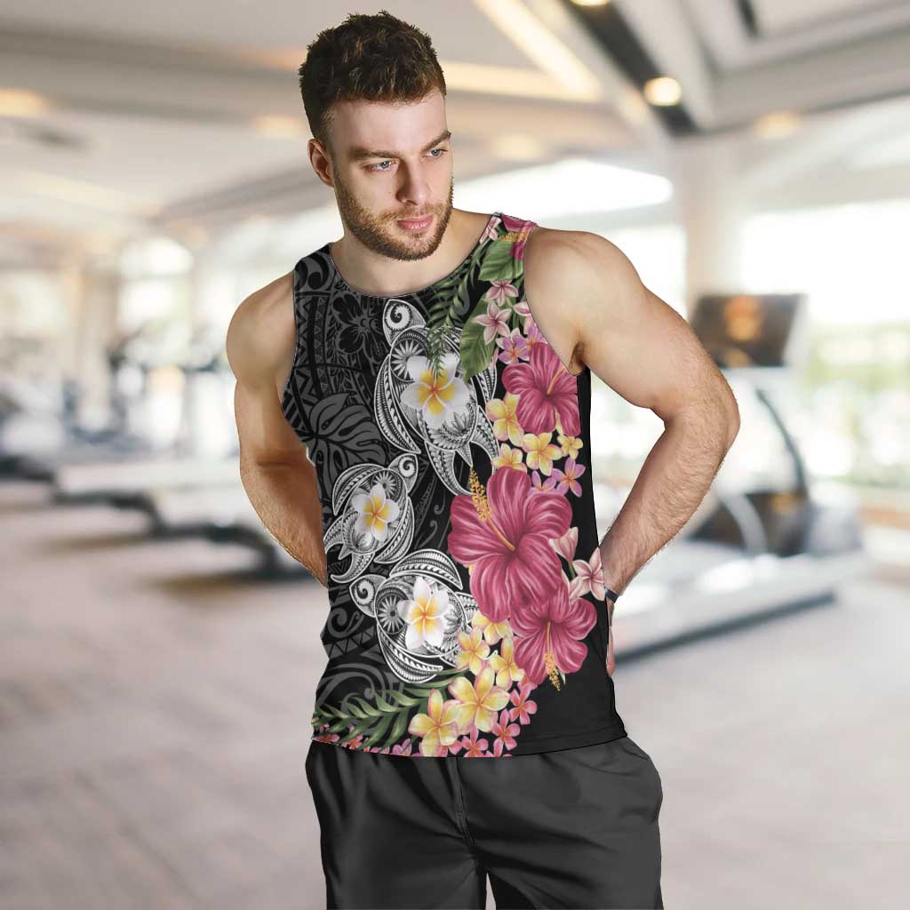 Hawaiian Tropical Flowers and Tribal Turtles Men Tank Top Polynesian Art Motifs Black Color - Polynesian Pride