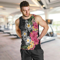 Hawaiian Tropical Flowers and Tribal Turtles Men Tank Top Polynesian Art Motifs Black Color - Polynesian Pride