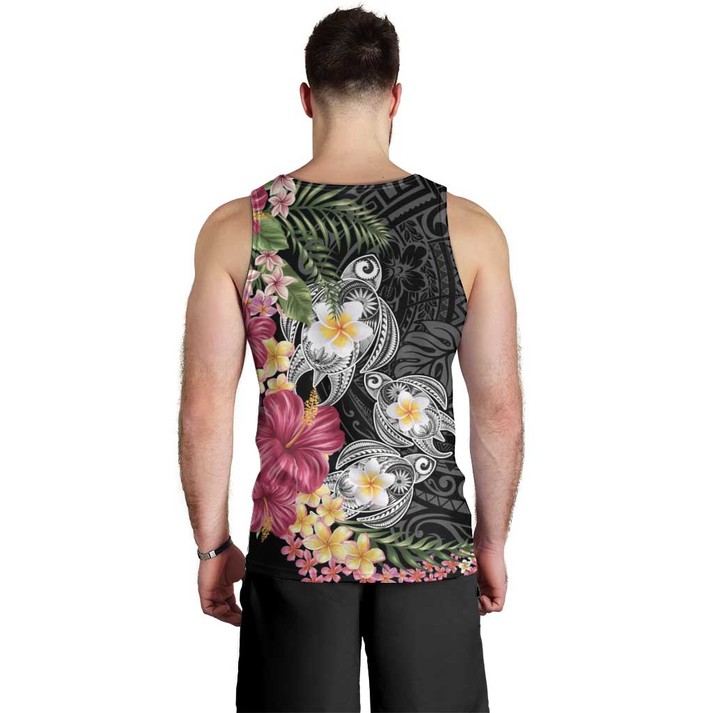Hawaiian Tropical Flowers and Tribal Turtles Men Tank Top Polynesian Art Motifs Black Color - Polynesian Pride