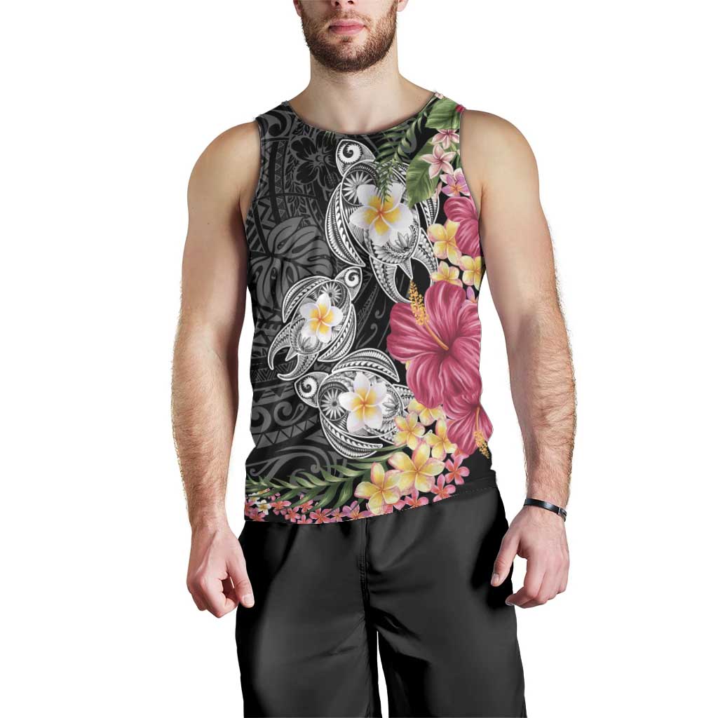 Hawaiian Tropical Flowers and Tribal Turtles Men Tank Top Polynesian Art Motifs Black Color - Polynesian Pride
