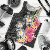 Hawaiian Tropical Flowers and Tribal Turtles Men Tank Top Polynesian Art Motifs Black Color - Polynesian Pride
