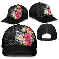 Hawaiian Tropical Flowers and Tribal Turtles Mesh Trucker Cap Polynesian Art Motifs Black Color - Polynesian Pride