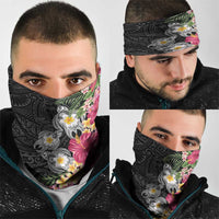 Hawaiian Tropical Flowers and Tribal Turtles Neck Gaiter Polynesian Art Motifs Black Color - Polynesian Pride