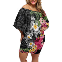 Hawaiian Tropical Flowers and Tribal Turtles Off Shoulder Short Dress Polynesian Art Motifs Black Color - Polynesian Pride