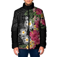 Hawaiian Tropical Flowers and Tribal Turtles Padded Jacket Polynesian Art Motifs Black Color - Polynesian Pride