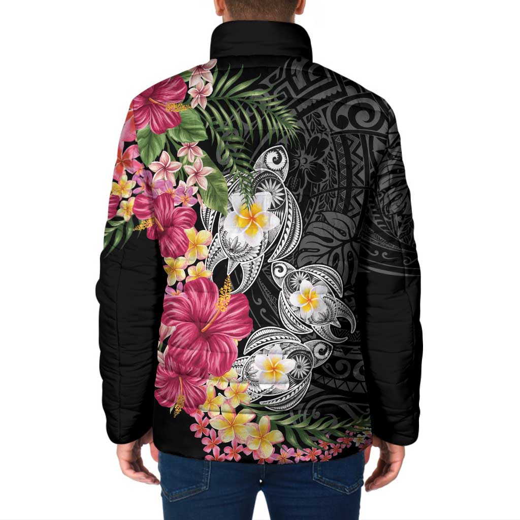Hawaiian Tropical Flowers and Tribal Turtles Padded Jacket Polynesian Art Motifs Black Color - Polynesian Pride