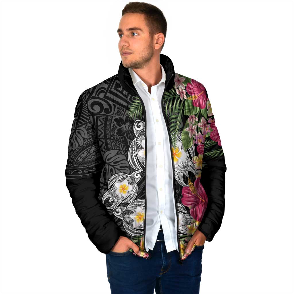 Hawaiian Tropical Flowers and Tribal Turtles Padded Jacket Polynesian Art Motifs Black Color - Polynesian Pride