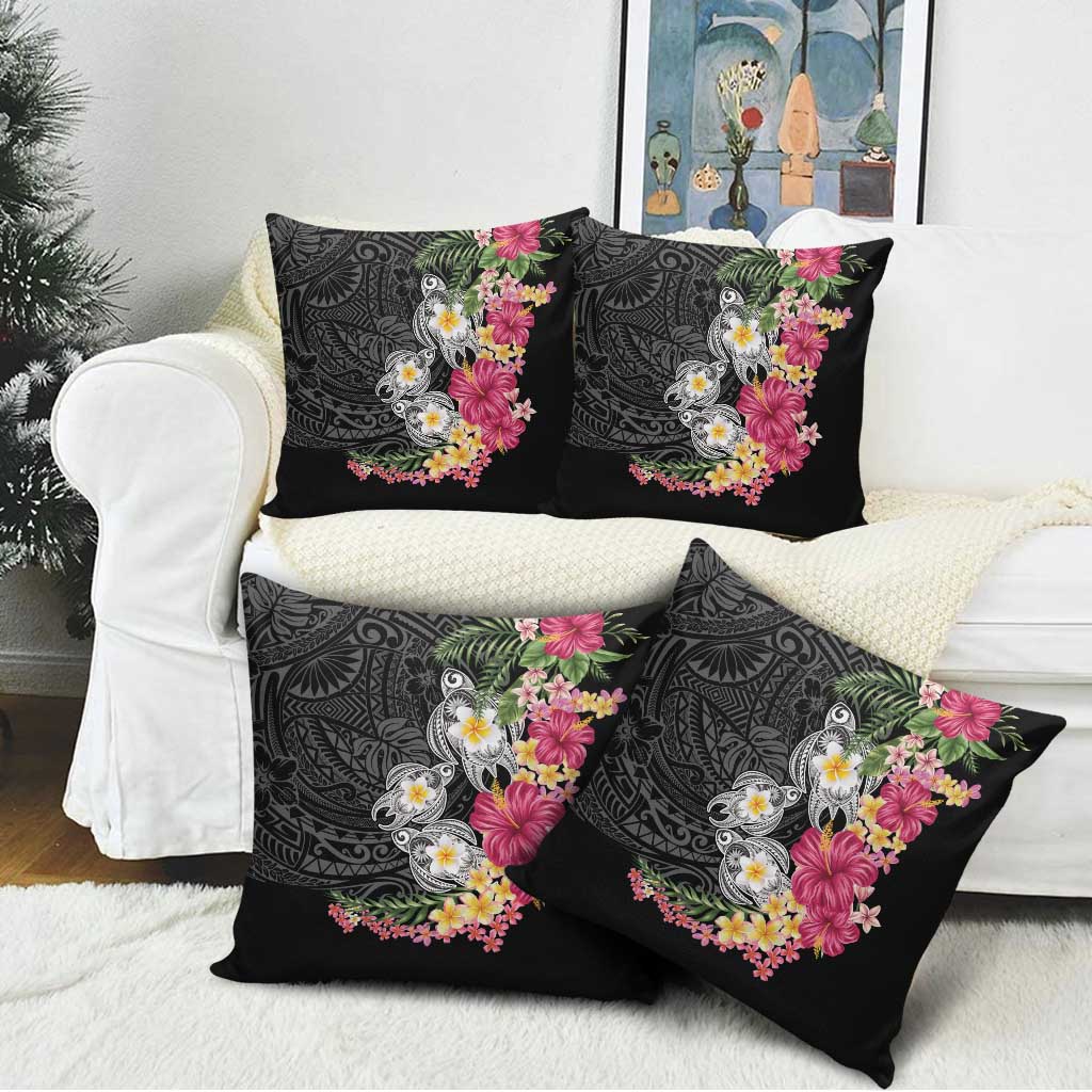 Hawaiian Tropical Flowers and Tribal Turtles Pillow Cover Polynesian Art Motifs Black Color - Polynesian Pride