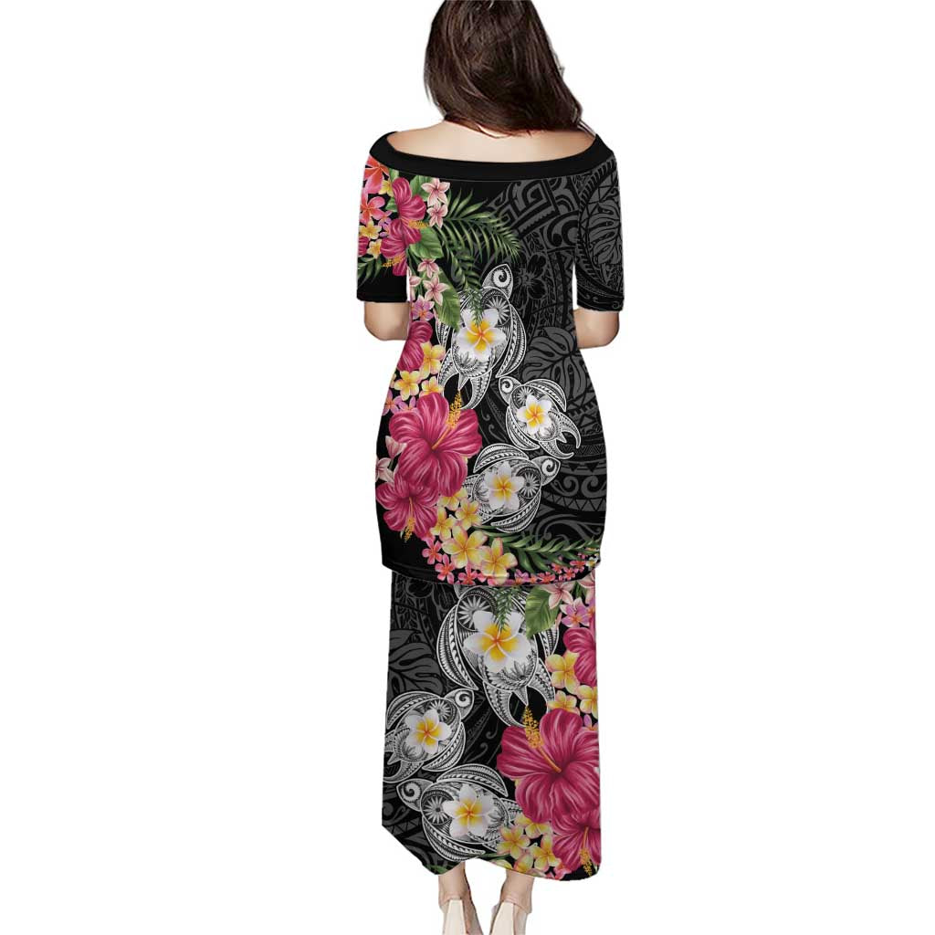 Hawaiian Tropical Flowers and Tribal Turtles Puletasi Polynesian Art Motifs Black Color - Polynesian Pride