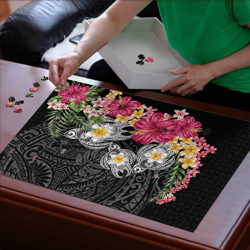 Hawaiian Tropical Flowers and Tribal Turtles Puzzle Polynesian Art Motifs Black Color - Polynesian Pride