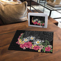 Hawaiian Tropical Flowers and Tribal Turtles Puzzle Polynesian Art Motifs Black Color - Polynesian Pride